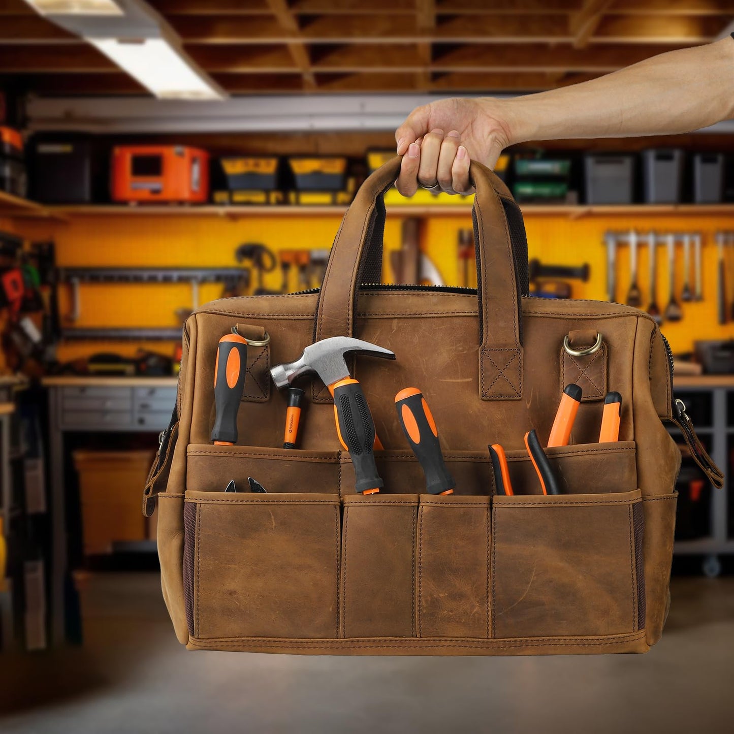 Leather Tool Bag Wide Mouth Tool Storage Bag for Hand Tools 16 inch Tool Tote Bag, Gardening, Outdoorsmen, Heavy Duty Organizer Electrician Tool Bag
