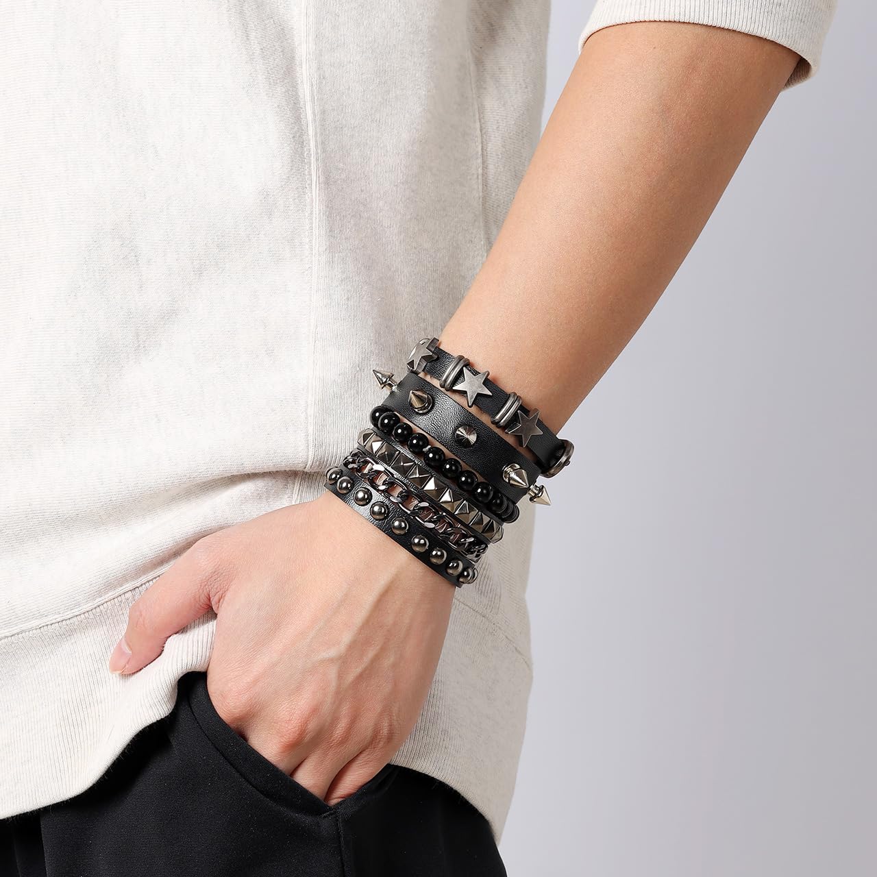 JAZTAKU Mens Spiked Studded Bracelet Black Leather Rivet Punk Bracelet Cuff Wrap Bangle Snap Button Metal Wristband for Men Women