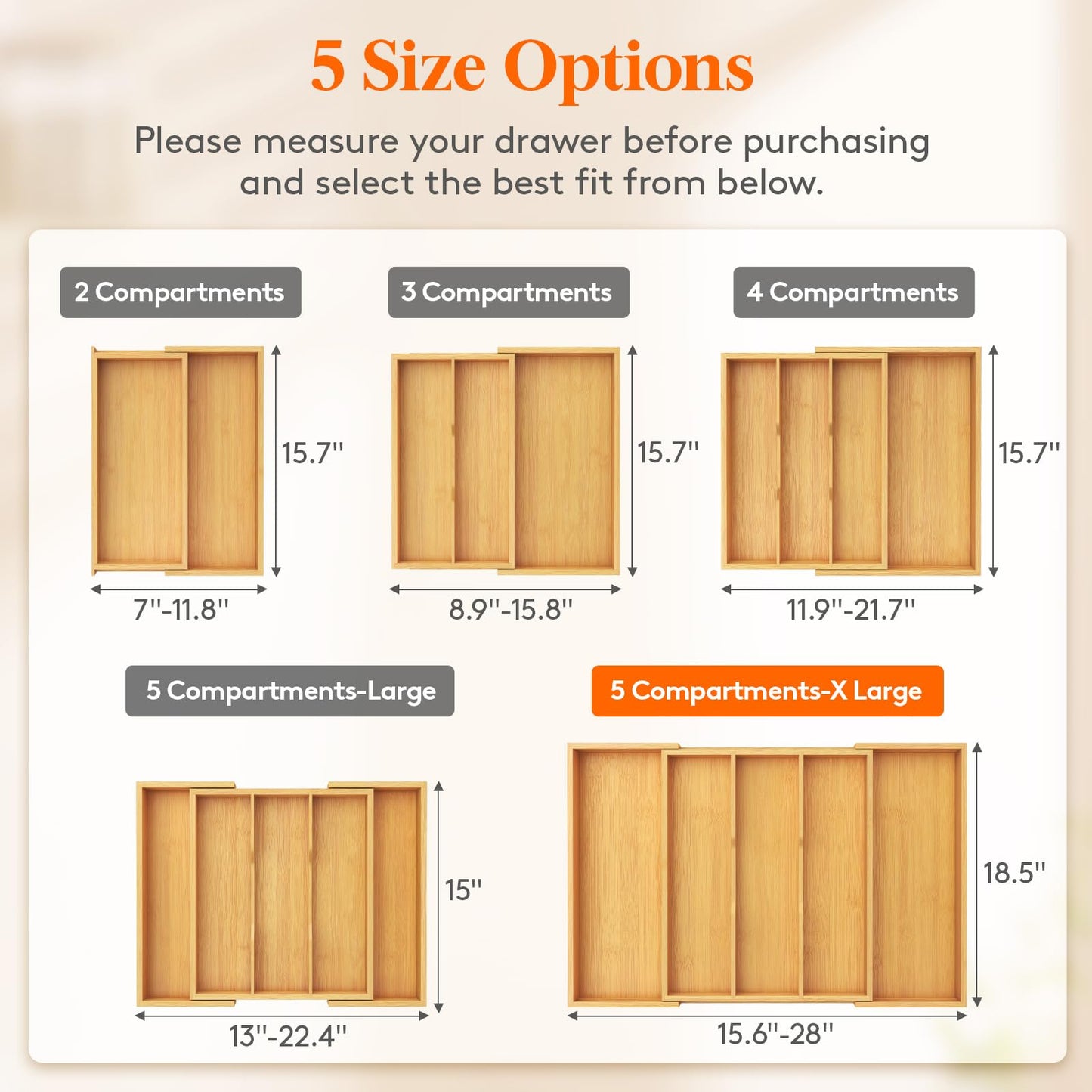 Lifewit Utensil Organizer for Kitchen Drawer, Expandable 13 to 22.4 Inches Wide, Adjustable Cooking Silverware Tray, Bamboo Cutlery Flatware Holder, Spatula Tools and Gadgets Storage Divider, Natural