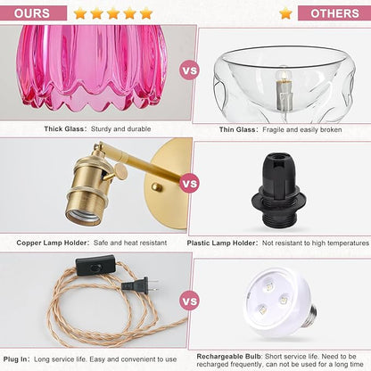 Plug in Wall Sconces Set of 2, Vintage Wall Sconce Light with Tulip Ruby Red Glass Lampshade, 180° Adjustable Wall Sconce with Switch and Plug in wall lamp Cord, Gold Wall Light Wall Decor Set of 2