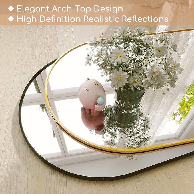Arched Full Length Mirror, 64"x21" Free Standing Floor Mirror, Modern Full Body Mirrors with Stand, Wall Mirrors with Aluminum Alloy Frame for Bedroom,Living Room, Gold