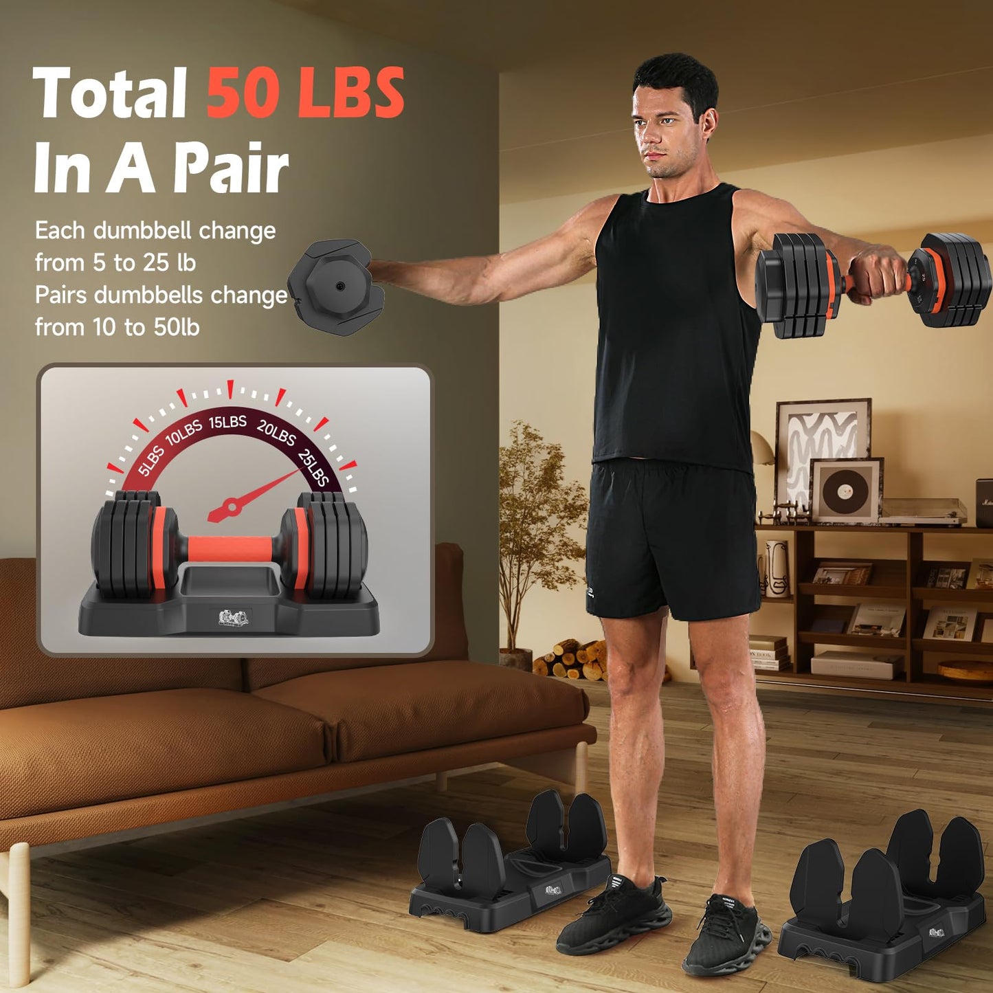 25LB 55LB Adjustable Dumbbells Set, 5LB to 25LB Dumbbell Pair,15LB to 55LB Weight Set of 2, Home Gym 50lbs/110lbs, Anti-Slip Handle for Exercise Equipment