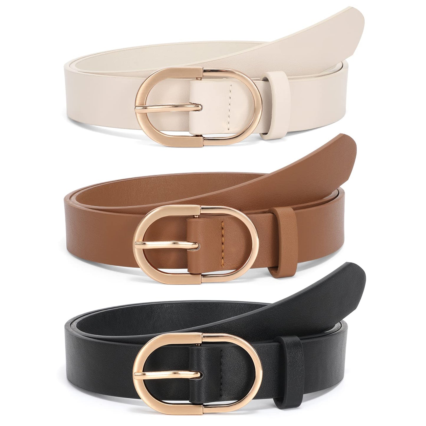 JASGOOD 3 Pack Women’s Leather Belts for Jeans Pants Fashion Ladies Belt with Gold Buckle D-Black+Brown+Beige