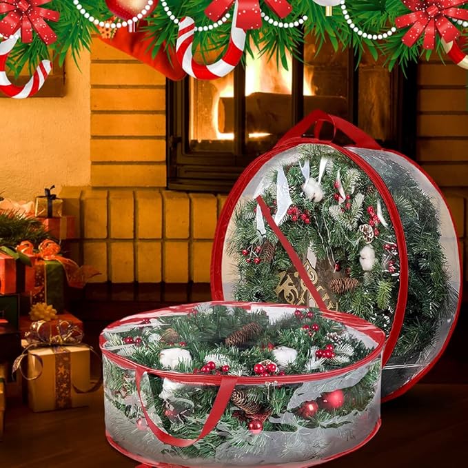 ProPik Christmas Wreath Storage Bag 36" - 2 Pack Clear Christmas Wreath Storage Container - Garland Holiday Artificial Wreath Storage Holder - Water Proof Transparent Clear PVC (36 Inch, Red)