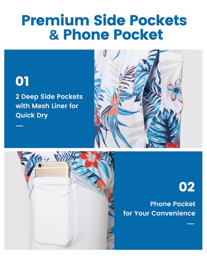 maamgic 2 in 1 Mens Swim Trunks 7 Inch Swim Shorts Swim Suits Board Shorts Floral-White
