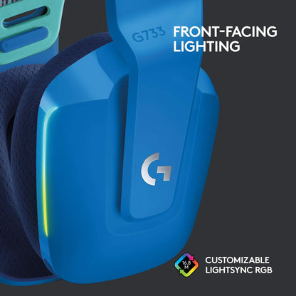 Logitech G733 Lightspeed Wireless Gaming Headset with Suspension Headband, LIGHTSYNC RGB, Blue VO!CE mic Technology and PRO-G Audio Drivers - Blue