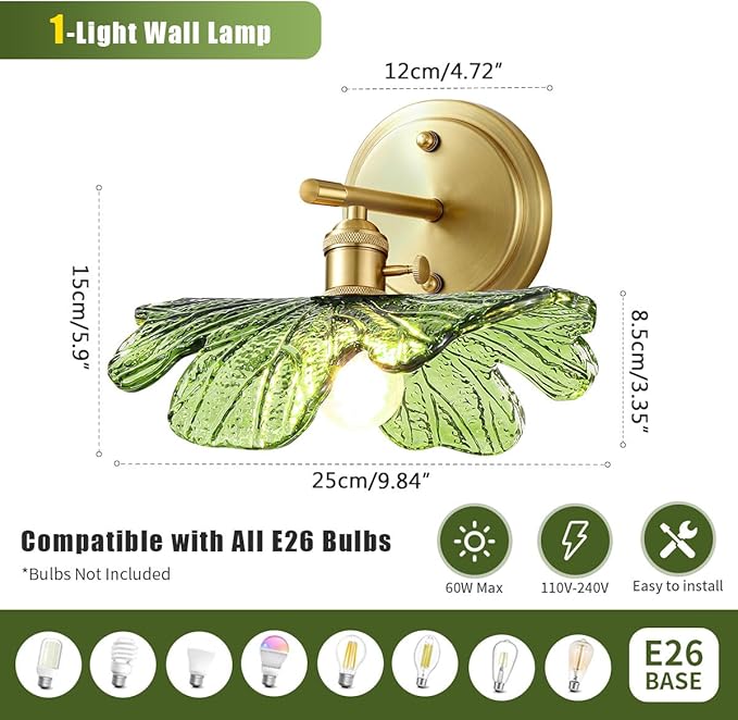 Vintage Wall sconces Glass Wall Sconce with Green Glass Shade Gold Wall Sconce Modern Vanity Light Bathroom Bathroom Light fixtures Over Mirro Wall lamp for Bedroom Hallway Living Room