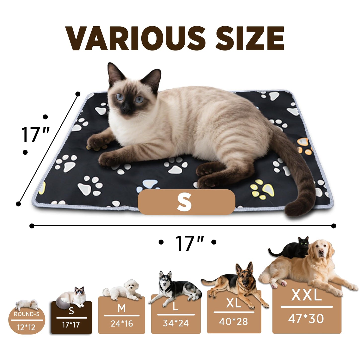 furrybaby Pet Heating Pad, Waterproof Dog Heating Pad Mat for Cat with Durable Anti-Bite Tube Indoor for Puppies Dogs Cats (1 Pack Black, 17 X 17in, Temp Adjustable)
