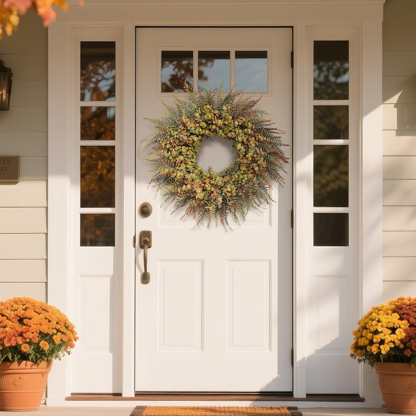 26" Fall Wreath for Front Door - Large Artificial Eucalyptus and Fake Ferns Leaves Outdoor Wreath for Porch, Window,Farmhouse,Home,Thanksgiving Day Harvest Festival Autumn Decor