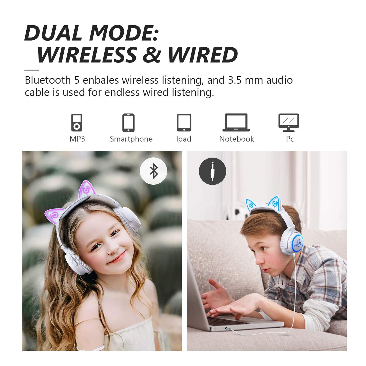 Headphones for Back to School, Kids Cat Ear Headphones, Led Lights Up, Foldable Bluetooth Wireless Headphones with Microphone for iPad Tablet