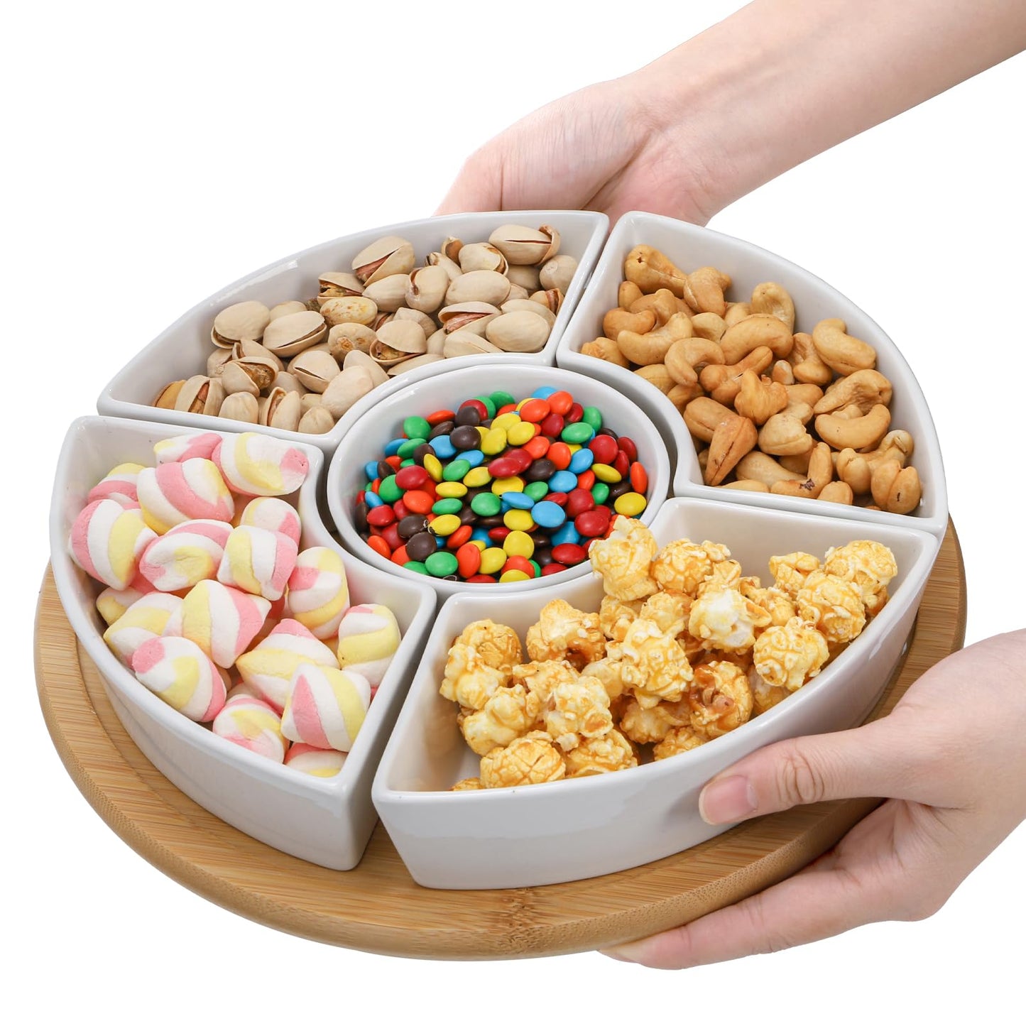 Lyellfe Divided Serving Dish Lazy Susan, 360° Rotatable Porcelain Appetizer Snack Tray Platter for Fruit, Veggies, Candy, Relish Tray for Christmas Thanksgiving Party, 5 Removable Compartment, White