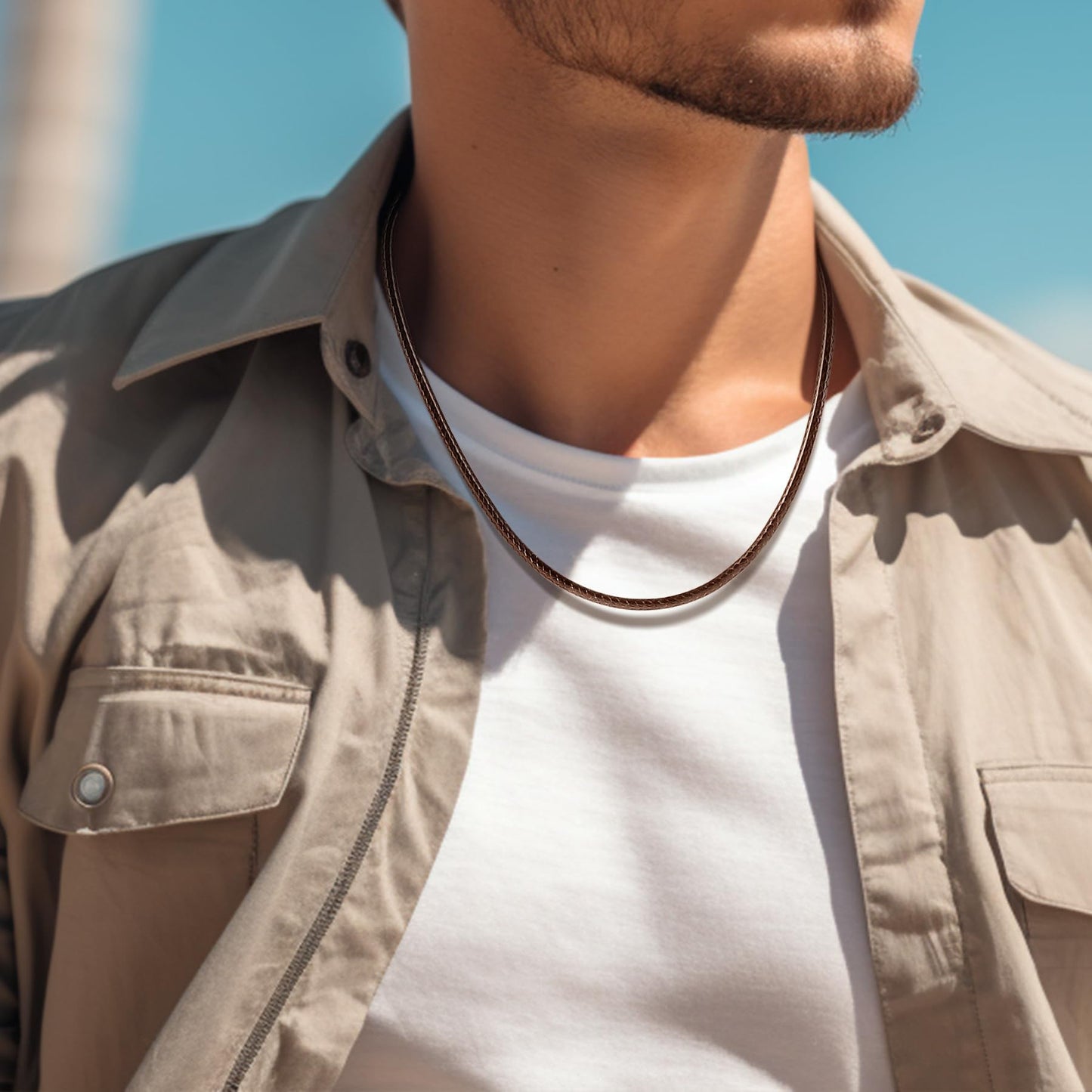 Oaldilee Mens Brown String Necklace Cord Leather Chain 3mm 22 Inch Braided Rope Jewellery Mens Waterproof Chain with Stainless Steel Clasp