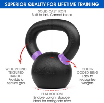 Yes4All Powder Coated Kettlebell, Cast Iron Core Kettlebells with Non-Slip Handle & Flat Bottom for Conditioning, Heavy Duty for Strength Training, 9lb to 71lb - Single & Pair