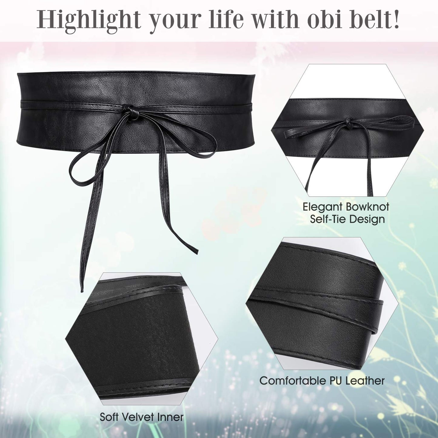 4 Pack WERFORU Women Obi Belt PU Leather Self Tie Wrap Wide Waistband Boho Belt for Costumes, Black+White+Brown+Coffee, Suit for Waist Size 25"-32"