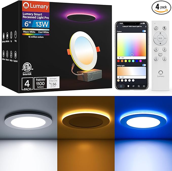 Lumary Smart Recessed Lighting Pro 6 Inch with RGB/Night Ring, 13W 1100LM Smart WiFi RGBWW LED Downlight, Canless with Junction Box, Works with Alexa/Google Assistant/BT Remote, ETL Listed, 4 Pack