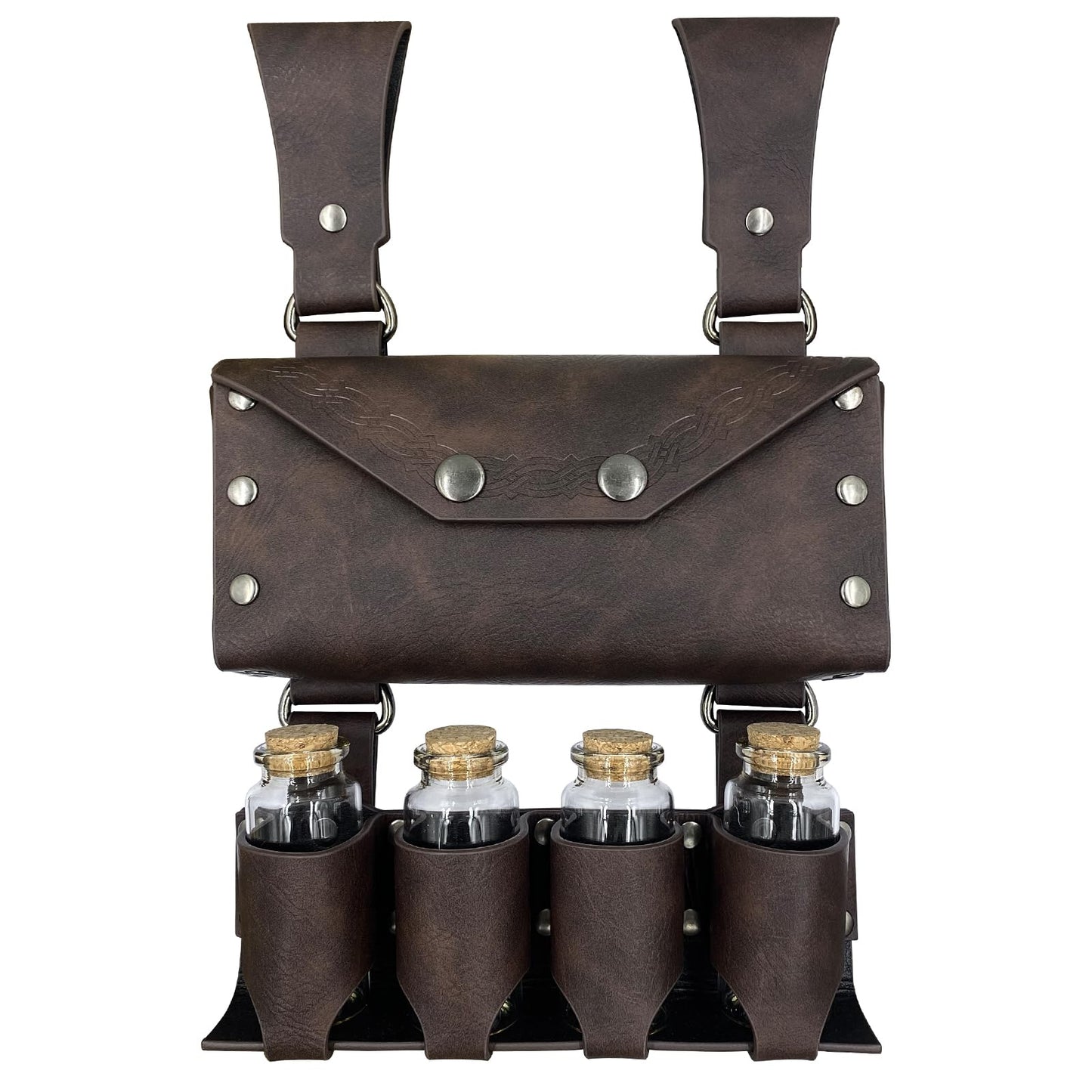HiiFeuer Medieval Alchemy Faux Leather Belt Bag with 4 Cork Potion Vials, Fantasy Wizard Waist Pouch Side Pack for Ren Faire (Brown A)