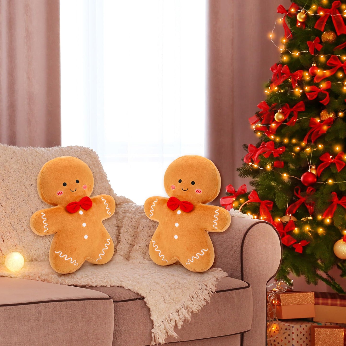 Whaline Christmas Gingerbread Throw Pillows 15.7 in Decorative Cute Stuffed Gingerbread Man Shaped Pillows for Xmas Party Home Couch Cushion, Set of 2