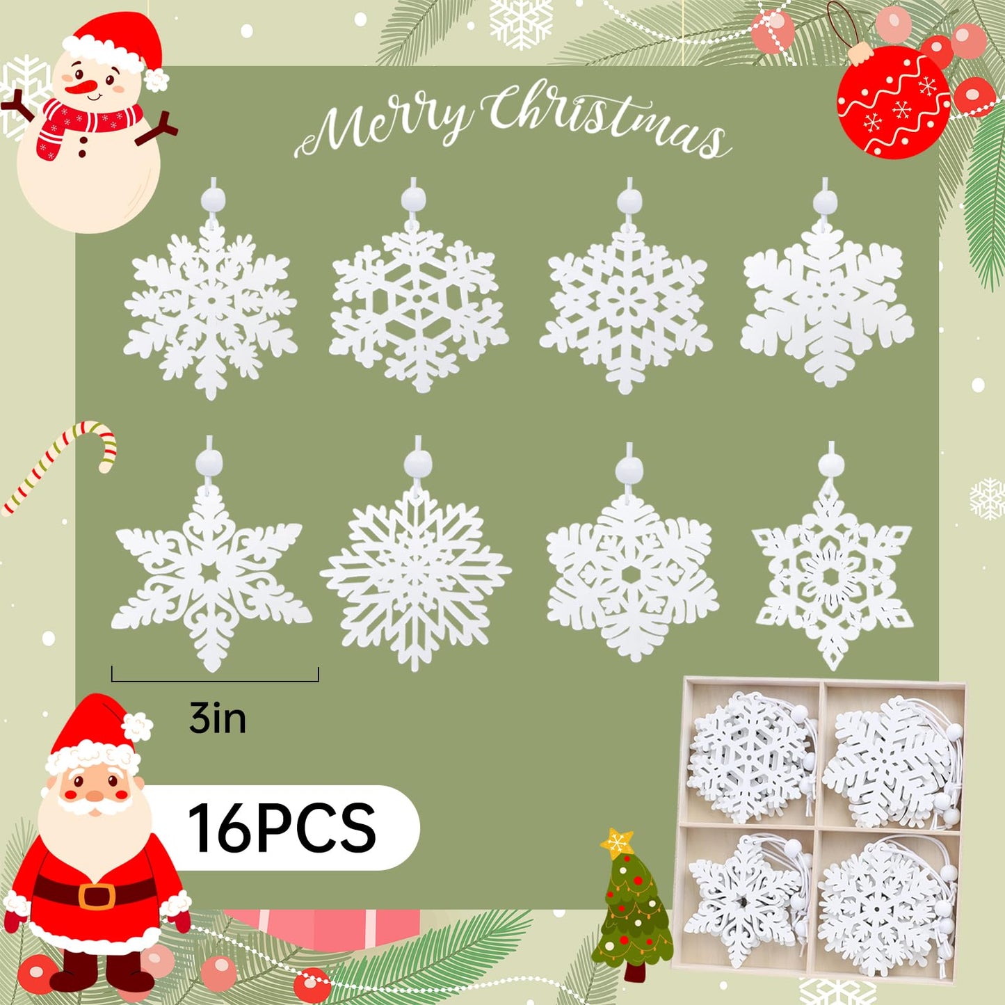 White Wooden Snowflakes Ornaments, Christmas Wood Snowflake for Crafts Hanging Decorations, Christmastree Decoration, Table Scape or Centerpiece Craft Project for Wreath, Winter Scene (16)