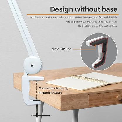 Task Lamp with Clamp, Bright 117PCS LEDs, Metal Swing Arm 24W 2200 Lumen Dimmable Led Desk Lamp for Architect Home Office Study Reading Dorm Workbench Craft, 23 Inch Working Lamp(White)