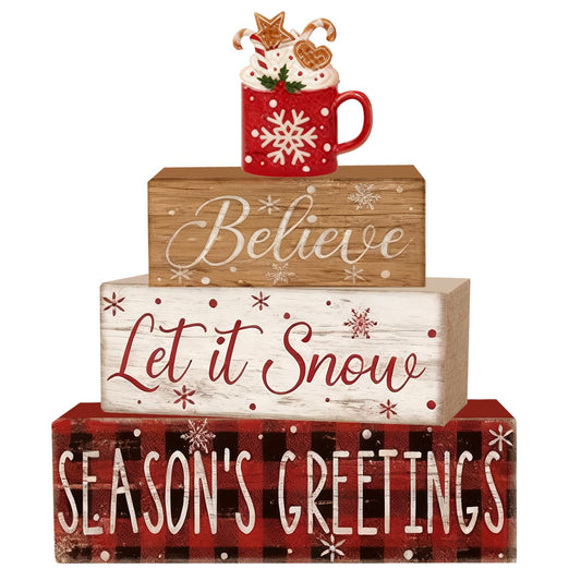 4 Pcs Christmas Decorations Indoor - Wooden Cocoa Table Decoration for Home - Christmas Centerpiece For Table - Winter Tiered Tray Decor Rustic Farmhouse Xmas Gift for Home Kitchen Mantel
