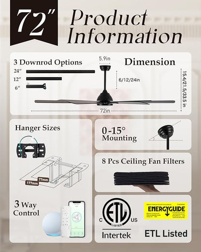72" Large Smart Ceiling Fan with Light Remote Control via WiFi Alexa,6-Speeds Quiet DC Motor,Dimmable,Indoor Outdoor Black Ceiling Fan for Living Room,Patio,Dual Finish 7 Blades