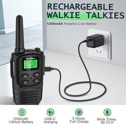 Walkie Talkies Long Range for Adult, MT10 Rechargeable Walkie Talkies FRS Two Way Radio, NOAA, 1200mAh Li-ion Battery USB-C Cable, LED Flashlight, VOX Walkie Talkie for Hiking Camping 2Pack