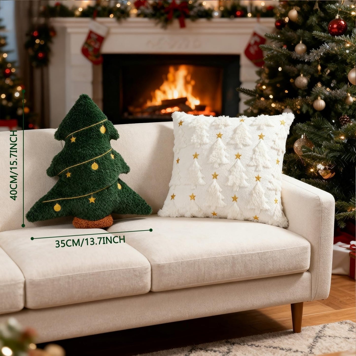 Artmag Christmas Pillow, Decorative Christmas Tree Pillow Stuffed Tree Shaped Embroidered Star Ball Bedroom Xmas Plush for Party Home Decorations 15.5" x 14.5" Green