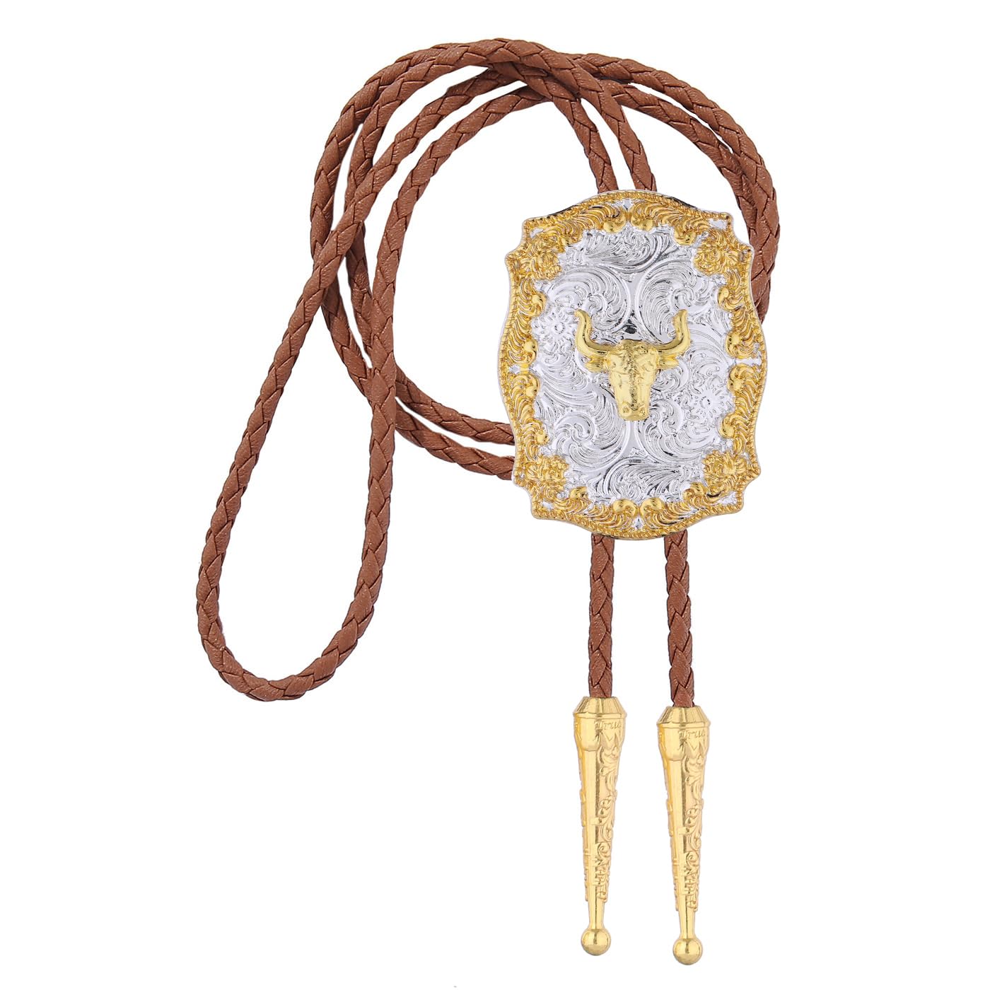 GelConnie Western Bolo Tie for Men Gold Cow Skull Pendant on Brown Leather Bolo Tie Handmade Western Ties Cowboy Necktie Accessories