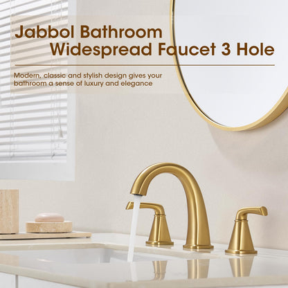 JABBOL Gold Bathroom Faucet,Brushed Gold Bathroom Faucet,Brass Sink Faucets,Bathroom Faucet 3 Hole Brushed Nickel，with Pop Up Drain Supply Hose for Vanity,Lavatory RV Farmhouse