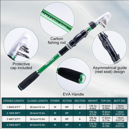 Goture Fishing Rod and Reel Combo - Green Telescoping Fishing Pole Portable Travel Kit with Carrier Bag for Freshwater Saltwater 6FT
