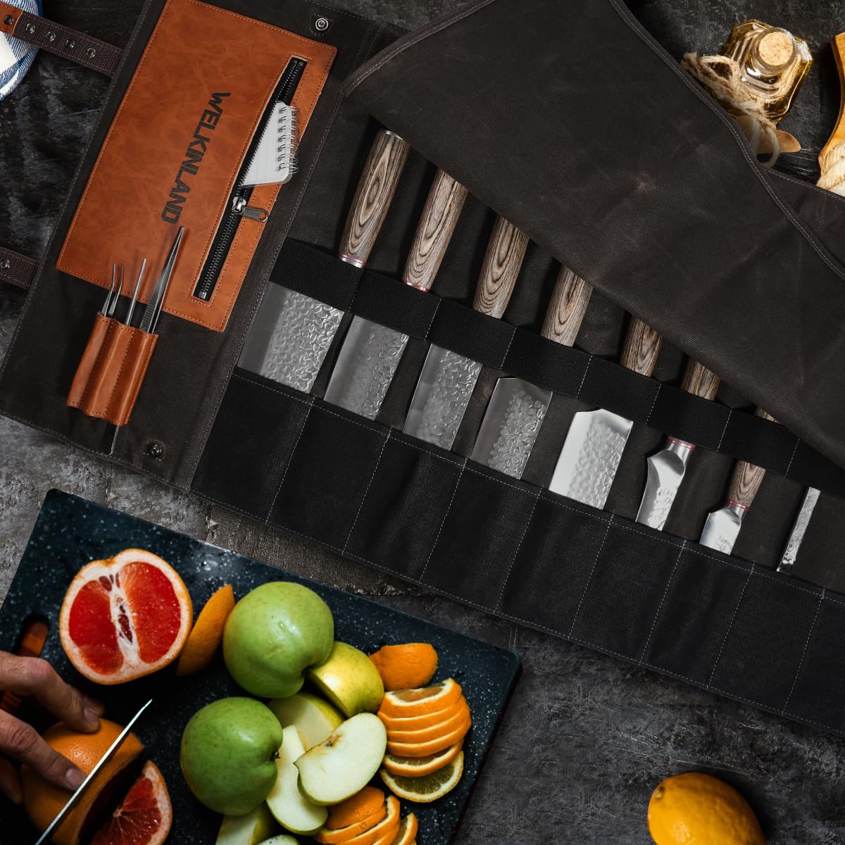 WELKINLAND 13-Pocket Knife Roll, Waxed-Canvas Leather Knife Roll Bag, Heavy-Duty Chef Knife Roll Bag, WaterProof Knife Wrap Roll, Portable Chef Knife Roll Up, Chef Knife Bags And Rolls