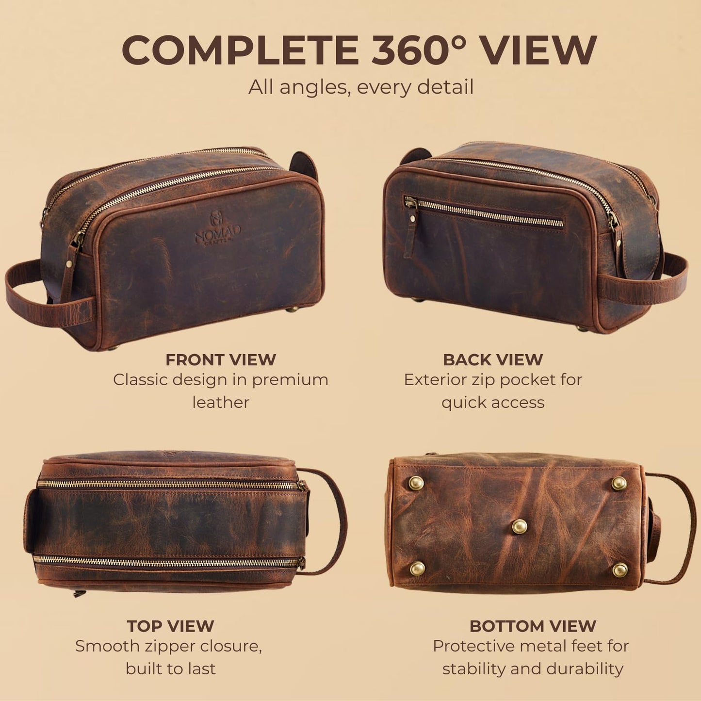 King Size Premium Leather Travel Toiletry Bag for Men and Women - Water-Resistant Dopp Kit - Mens Bathroom Bag, Shaving & Cosmetic Organizer - Toiletry Bag, Travel Bag Leather, Unisex Use