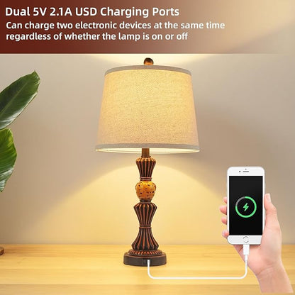 Set of Modern Table Lamps with USB-C & USB Ports, Rotating Knob Switch, Linen Shade + Resin Base Rustic Farmhous (Black Gold/Oil Bronze)