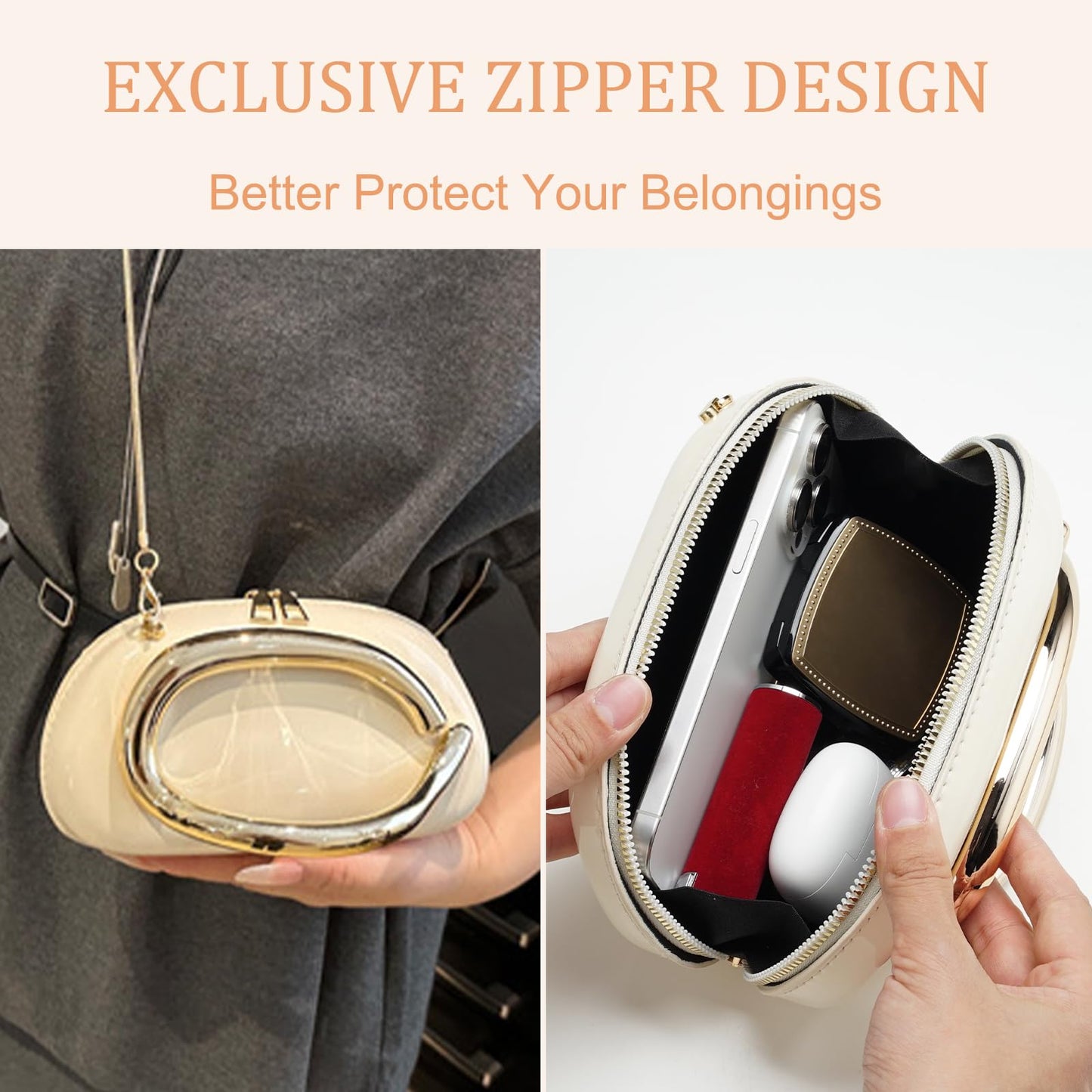 MAGTOBO Evening Clutch Purses for Women Formal, Zipper Lightweight Trendy Metal Handle Leather Evening Bag for Wedding Party (Leather Beige)