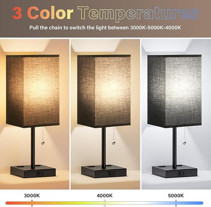 Balck Table Lamps for Bedroom Set of 2 Nightstand - 17.4In Tall, 3 Color Bedside Lamps with AC Outlets and USB A & C for Charging, Square Night Stand light, End Table Lamp for Living Room/Dorm/Office