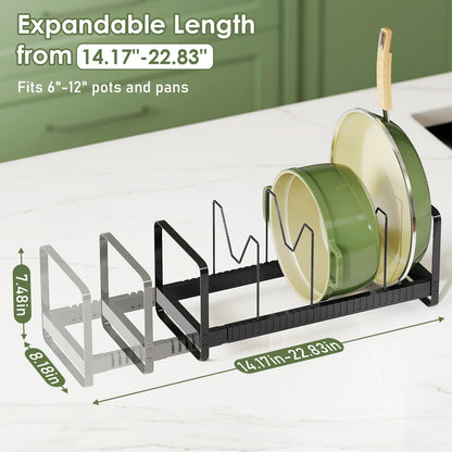 MUDEELA Pots and Pans Organizer Rack for under Cabinet, Expandable 11.81''-22.85'' Pot Lid Kitchen Cabinet Organizer Holder with 10 Adjustable Compartment Cutting Board Organizer for Pan Lid, Bakeware