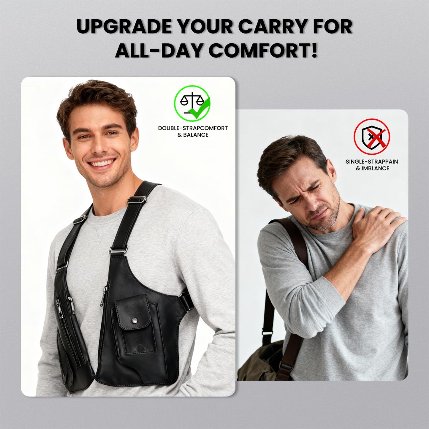 DOEUTLQ Leather Double Shoulder Armpit Bag for Men Underarm Concealed Rover The Holste Vest for Mens Adjustable Leather Bag (Black)