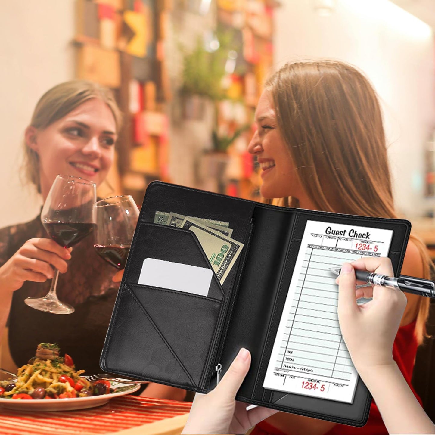 DHYYDSQZ Server Books for Waitress Waiter Book with Zipper Money Pocket Dream Catcher Design PU Leather Cute Waitstaff Organizer Black Waiter Serving Book Wallet with Pen Holder Fit Server Apron