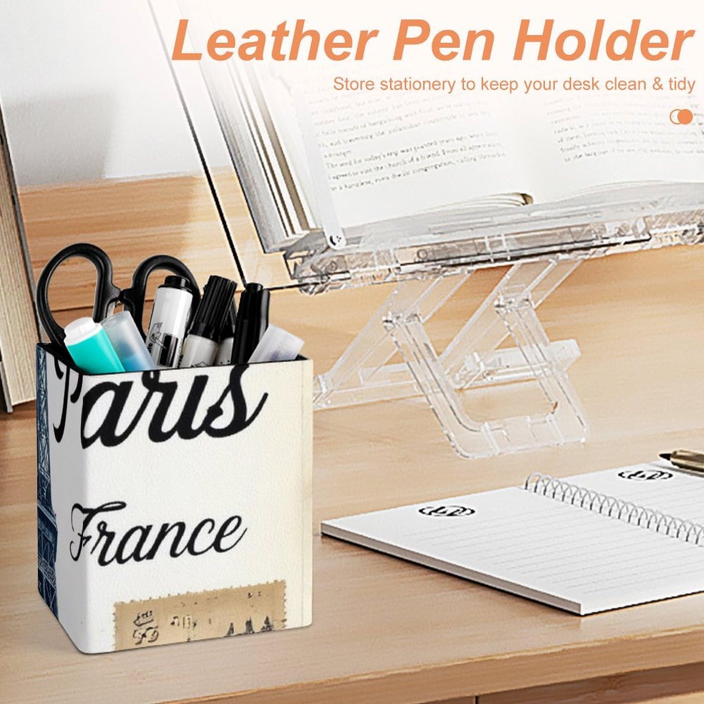 UTRSIFB Holder Cup Makeup Brush Storage Organizer, Waterproof Multifunctional Office Supplies, Pen Holder Square Leather Pencil Eiffel Tower