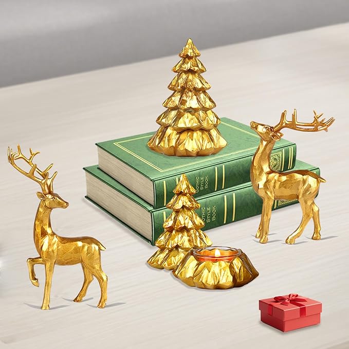 Christmas Reindeer Figurines 4 PCS Resin Tree Decorations Indoor Xmas Collectible Deer Statue Cute Holiday Ornament with 2pcs Tealights for Table Home