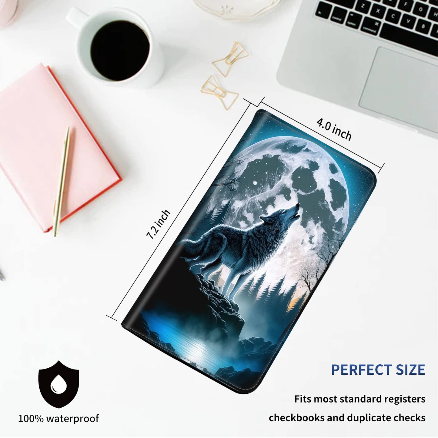 DEGDFSGR Checkbook Cover - Premium Leather Standard Duplicate Register Check Card Book Holder Wallet with RFID Blocking Function for Girl Men Women,Howling Wolf Moon