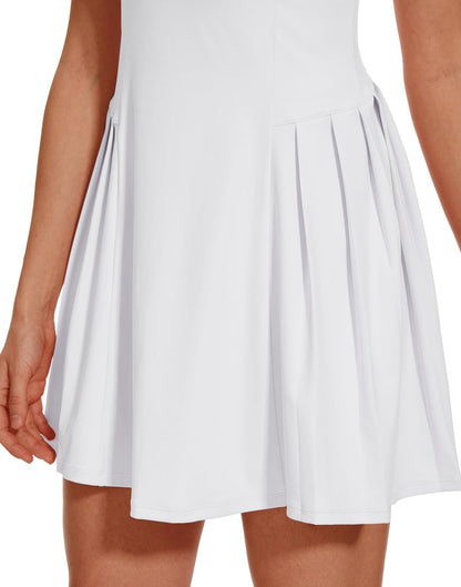 M MOTEEPI Golf Dresses for Women Sleeveless Square Neck Athletic Dress Pleated Fall Tennis Dress with Built in Shorts and Bra White Large