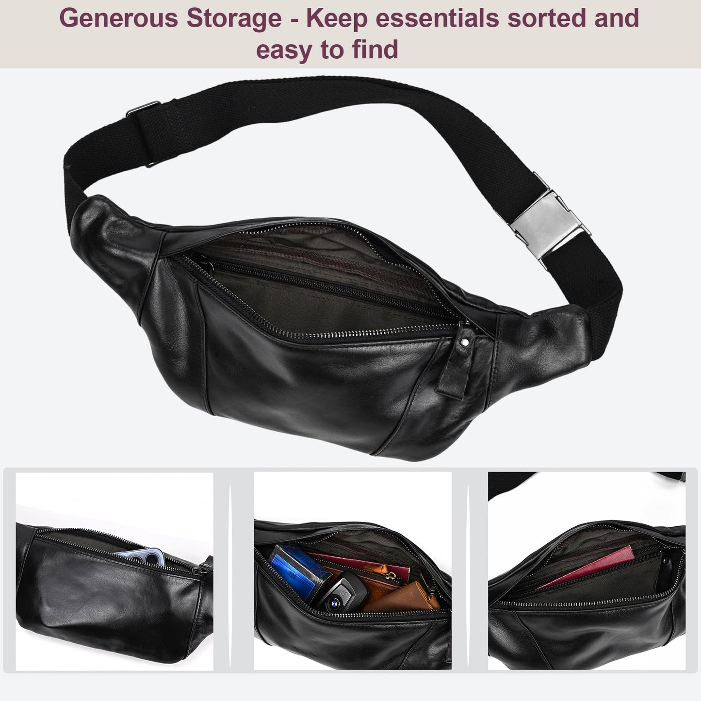 Yevabo Genuine Leather Waist Bag for Men Women, Fanny Pack with Multi-Pockets, Adjustable Strap for Travel, Hiking & Daily Use, Black