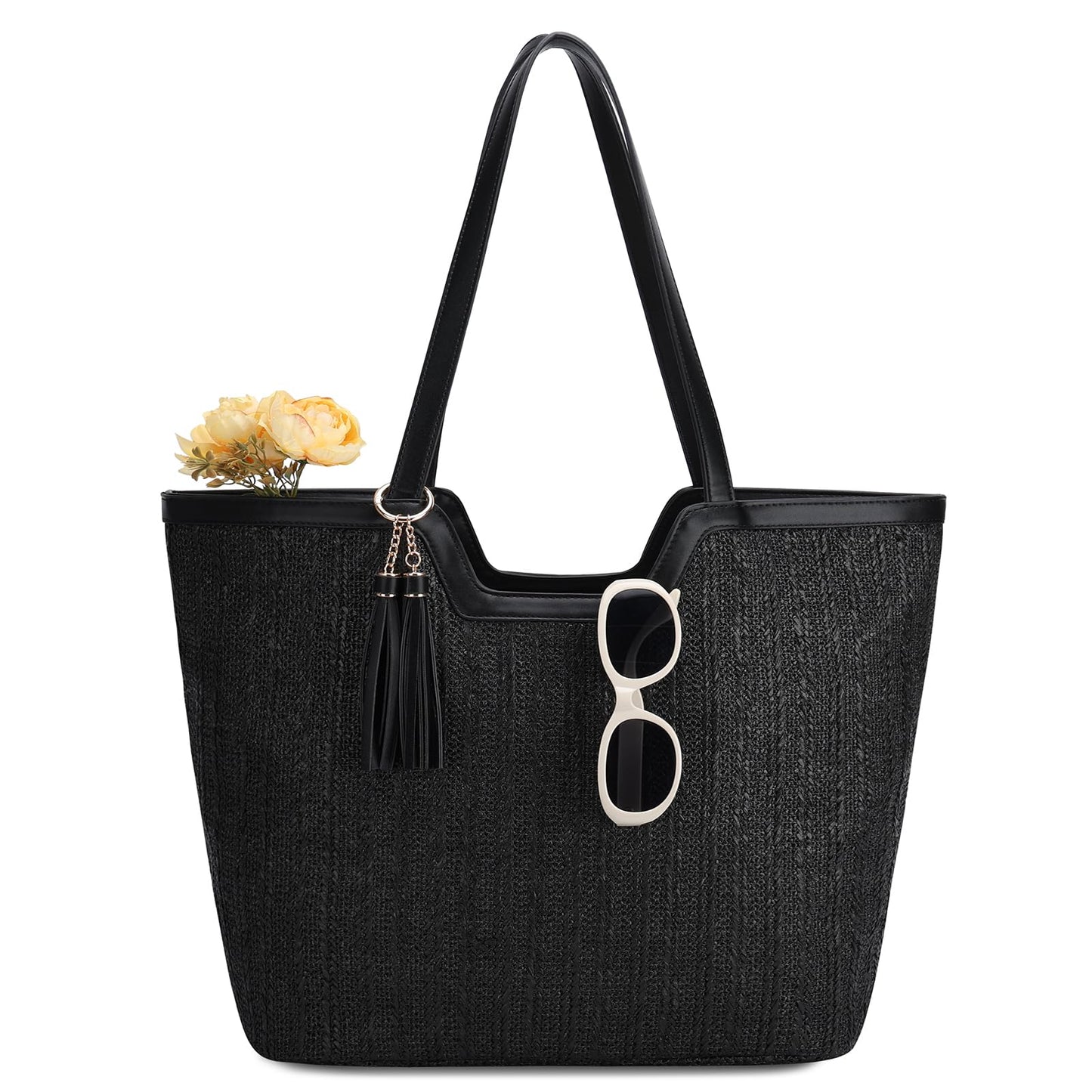 VASCHY Straw Beach Tote Bag for Women, Cute Trendy Woven Crochet Raffia Summer Shoulder Handbags Purses for Travel Vacation Black
