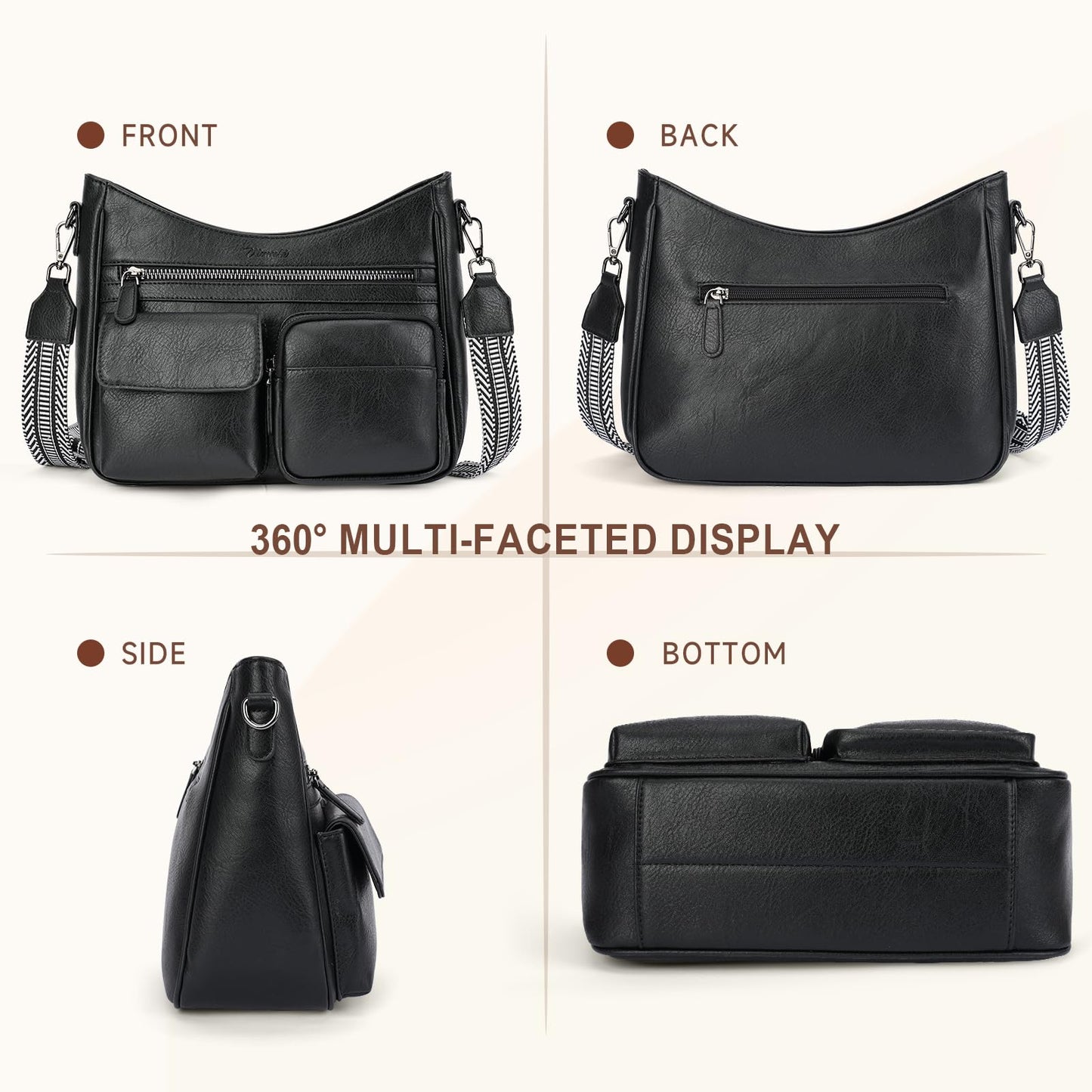 VIMUTI Crossbody Purses for Women Trendy,Multi Pocket Women's Crossbody Bag, Vegan Leather Shoulder Handbags Travel Purse (Black)