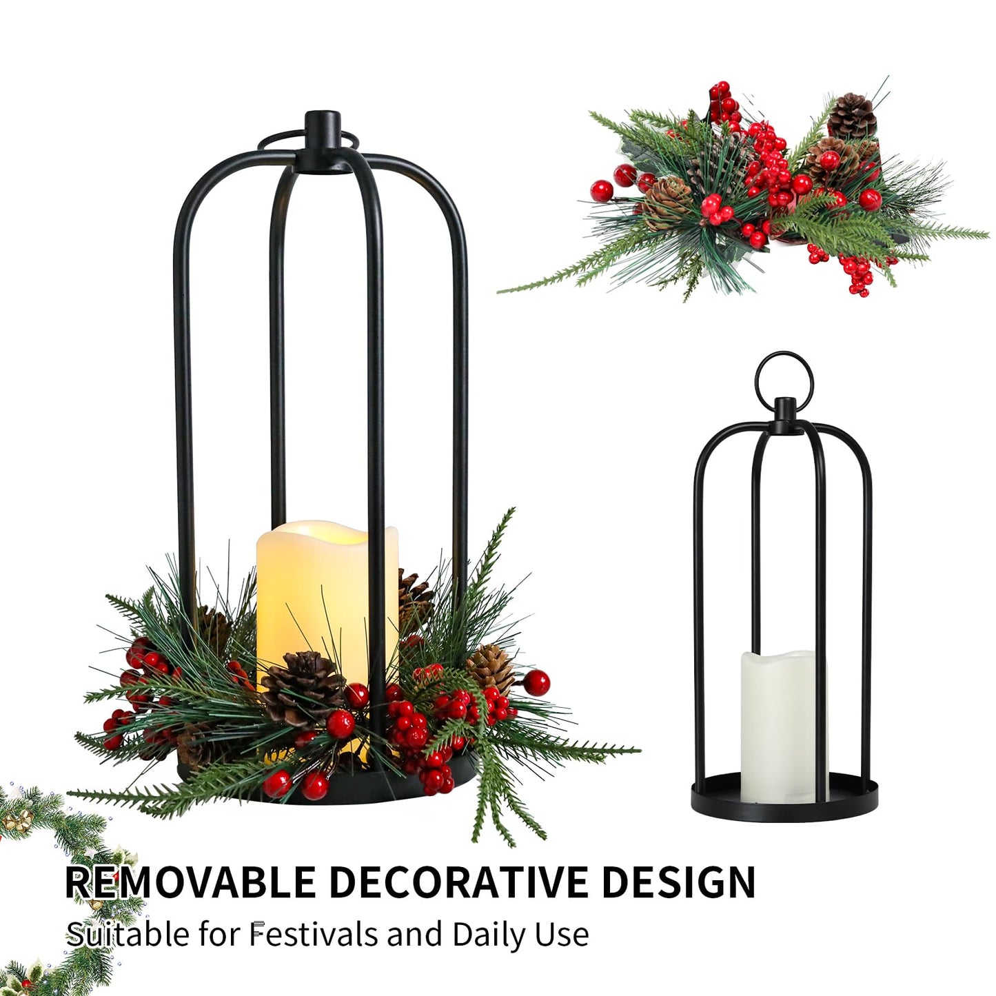 Bdor Christmas Lantern Decor Set of 2 – 14" Tall Hanging Metal Candle Holder with Pine Cones, Berries and LED Flameless Candle – Holiday Table Centerpiece for Indoor Home Decoration