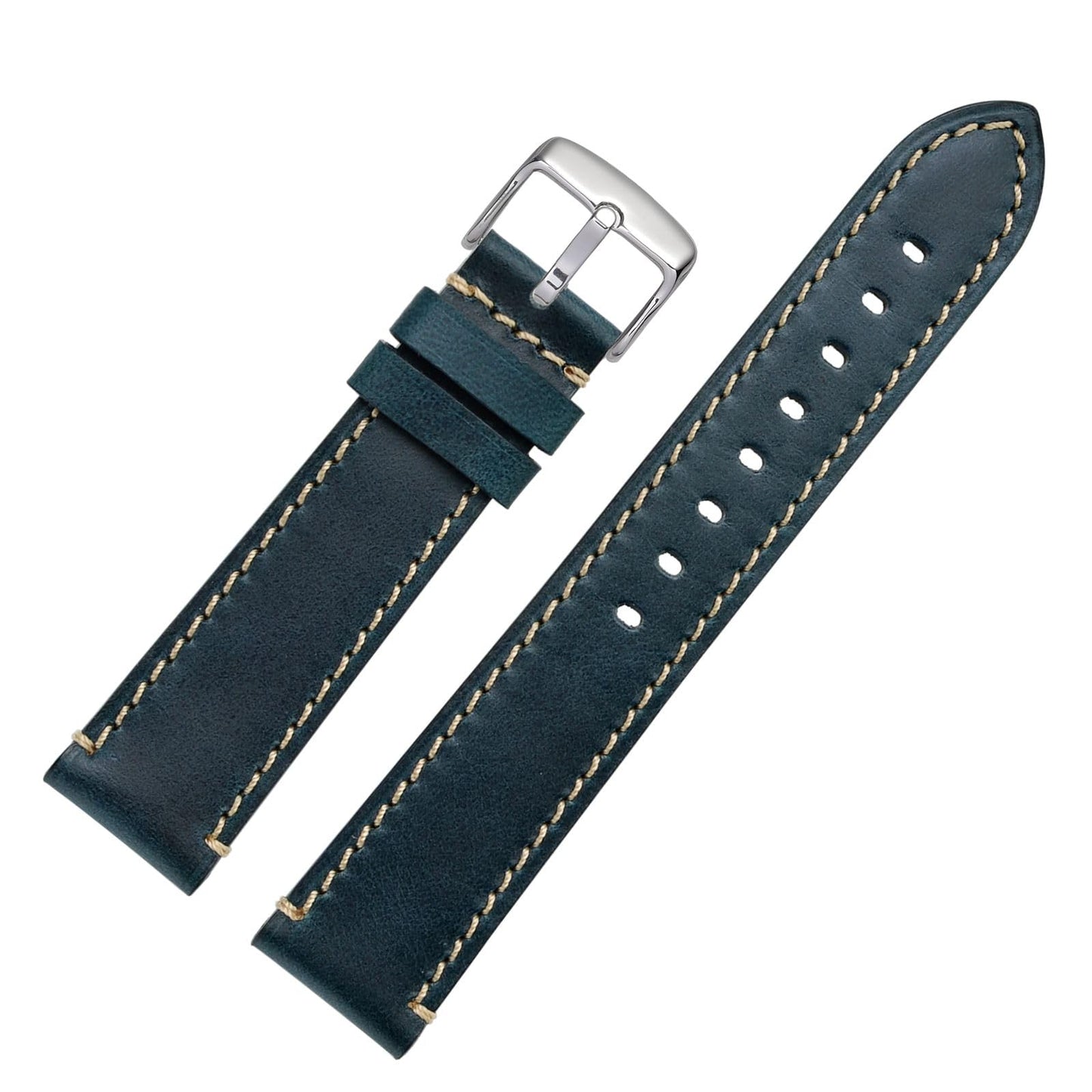WOCCI 20mm Watch Band, Pull Up Leather, Polished Silver Buckle (Midnight Blue)