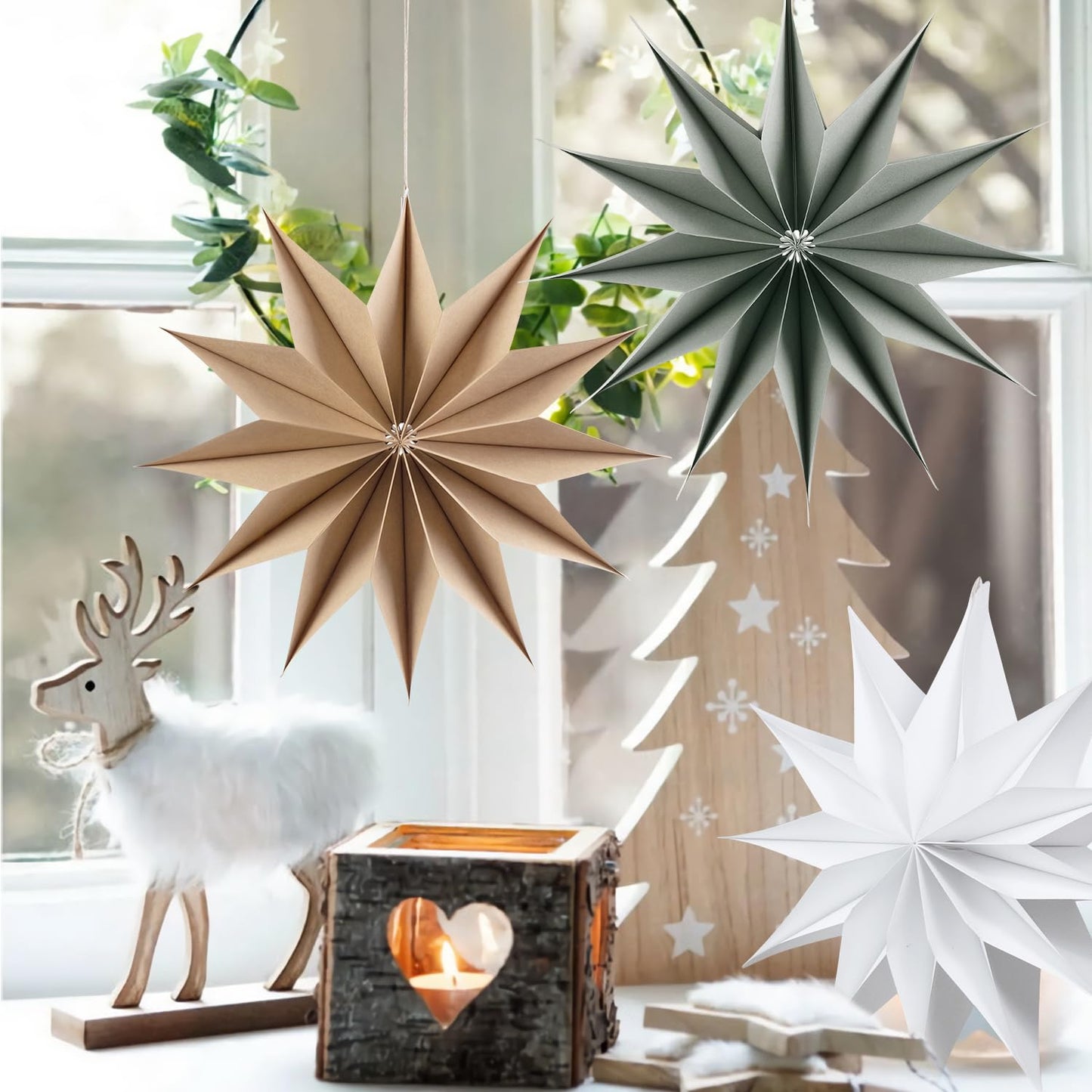 SUNBEAUTY 3 Pcs 12-Pointed Paper Star Brown Grey White Lanterns 12 Inch Christmas Hanging Lamp Shade Wedding Birthday Christmas Home Party Decorations