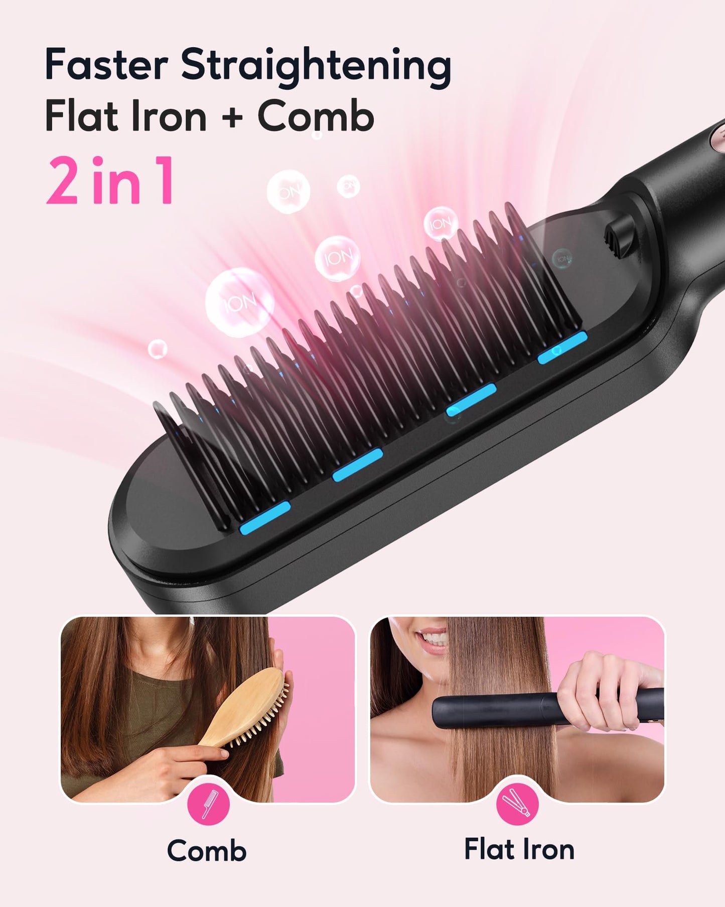 Wavytalk Hair Straightener Brush, Sleek Sweep Ionic Straightening Brush with 6 Temperature Adjust, Anti-Scald Ceramic Straightening Comb Fast Heating for Home Salon, Dual Voltage, Purple.