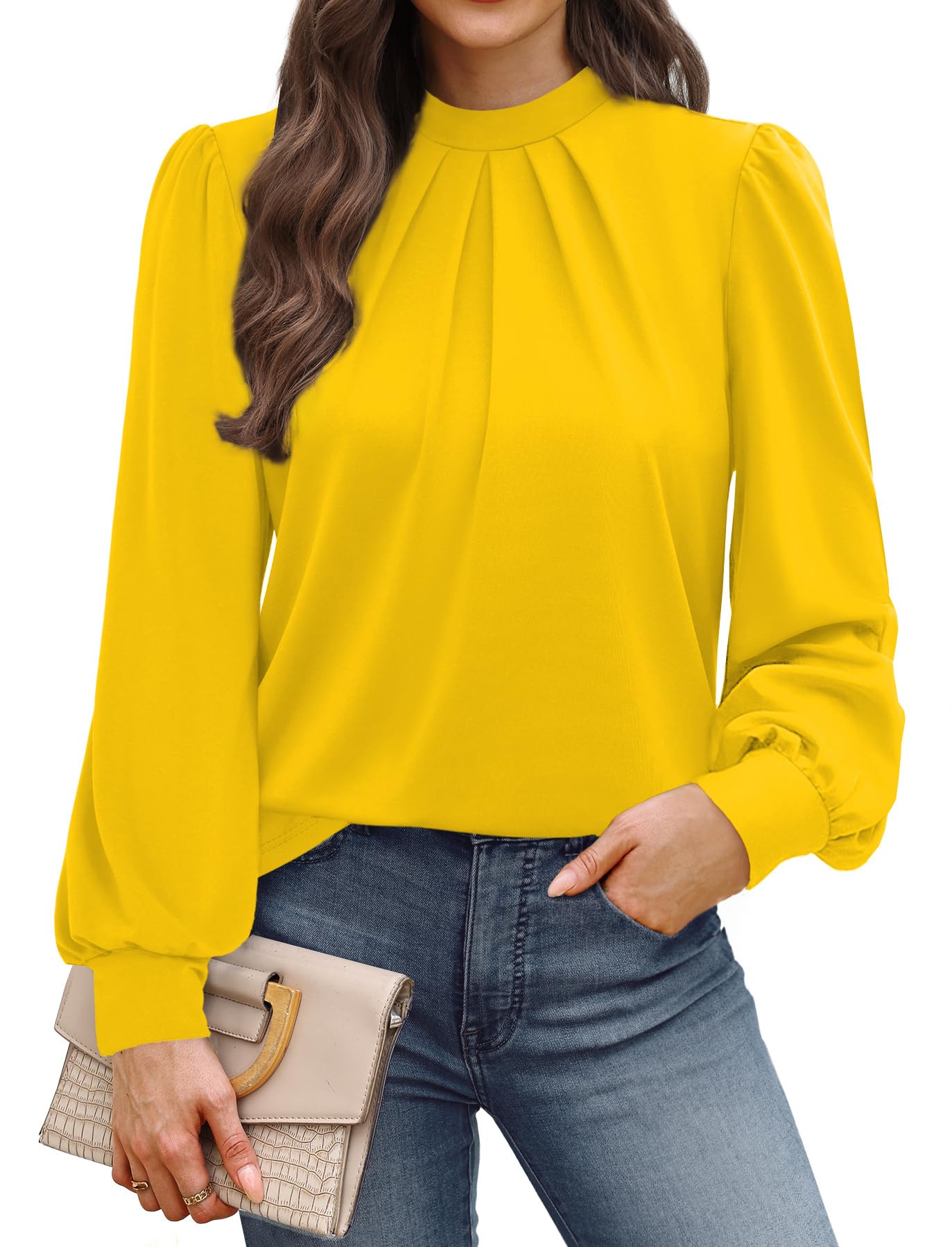 WIHOLL Long Sleeve Shirts for Women Mock Neck Tops Pleated Front Blouses Dressy Casual Fall Clothes 2025 Fashion